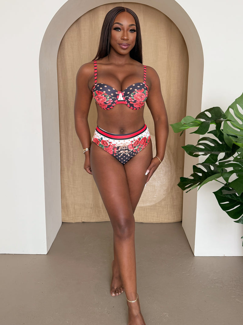Rose Noir Black & Red Floral High-Waist Bikini