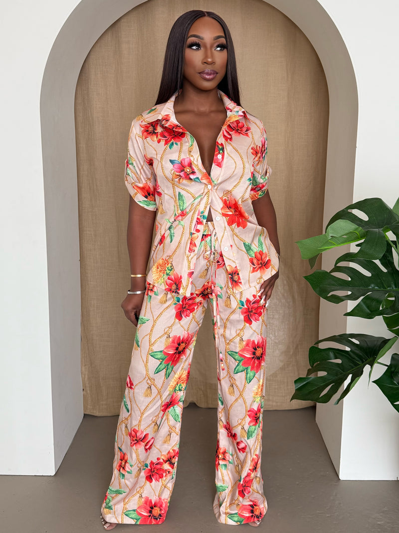 Golden Tropics Peach Floral Chain Print Pants Set