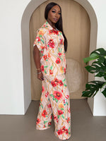 Golden Tropics Peach Floral Chain Print Pants Set