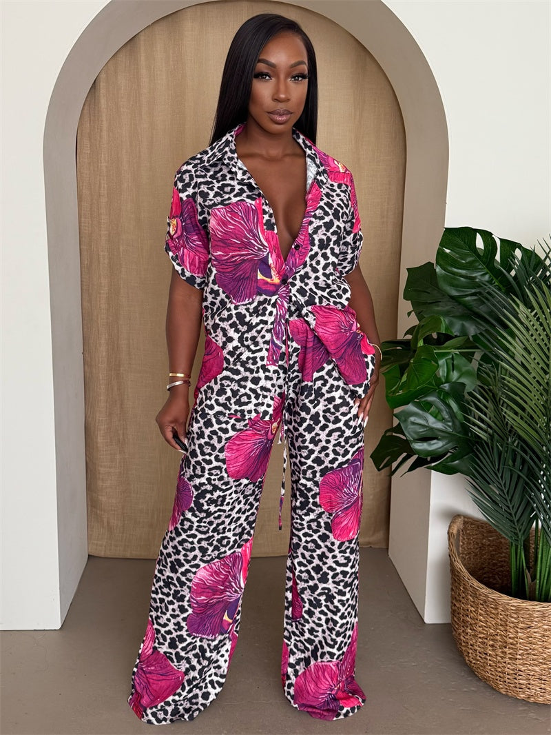 Leopard & Floral Print Pant Shirt Set