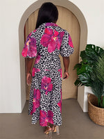 Leopard & Orchid Print Puff Sleeve Dress