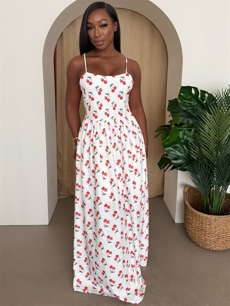Cherry Print Spaghetti Strap Maxi Dress