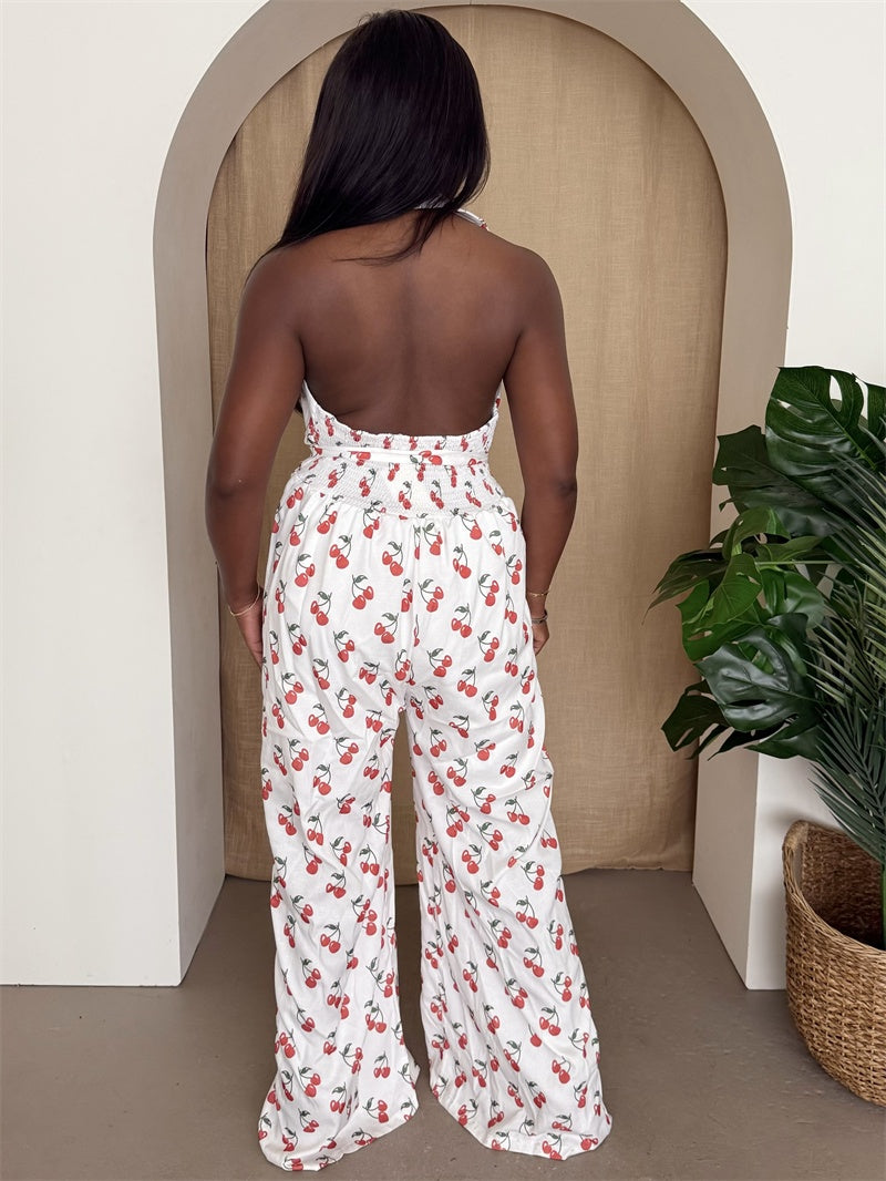 Cherry Print Halter Wide-Leg Jumpsuit