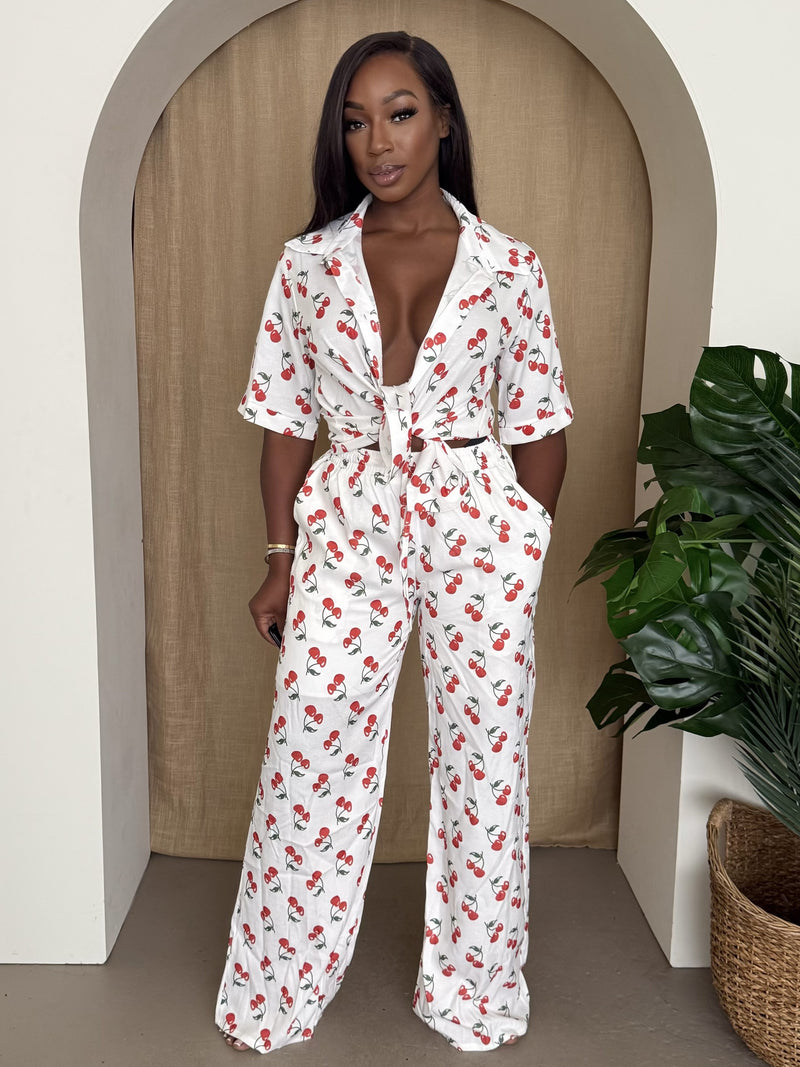 White Playful Red Cherry Print Set
