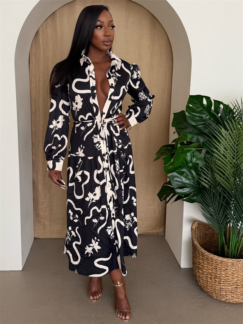 Black & Ivory Long Sleeve Shirt Dress