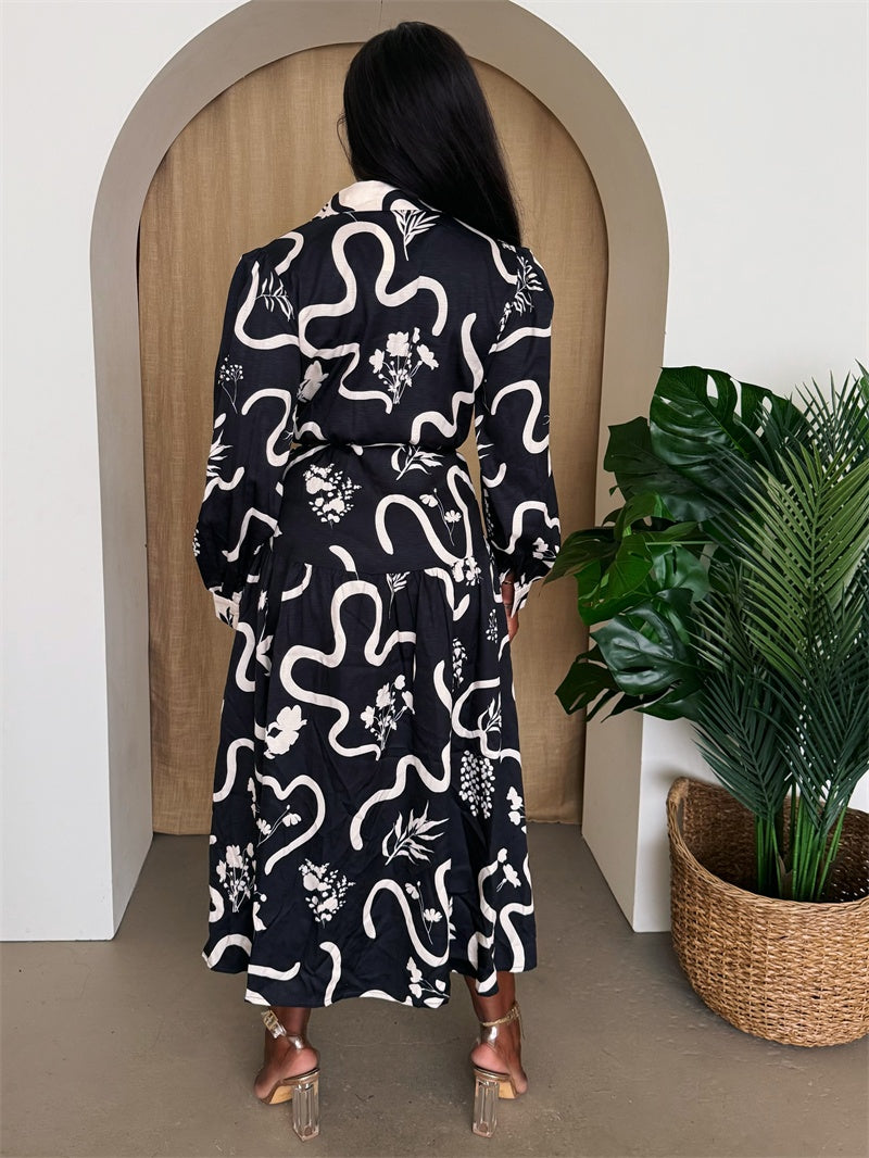 Black & Ivory Long Sleeve Shirt Dress