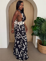 Backless Halter Jumpsuit in Monochrome Print