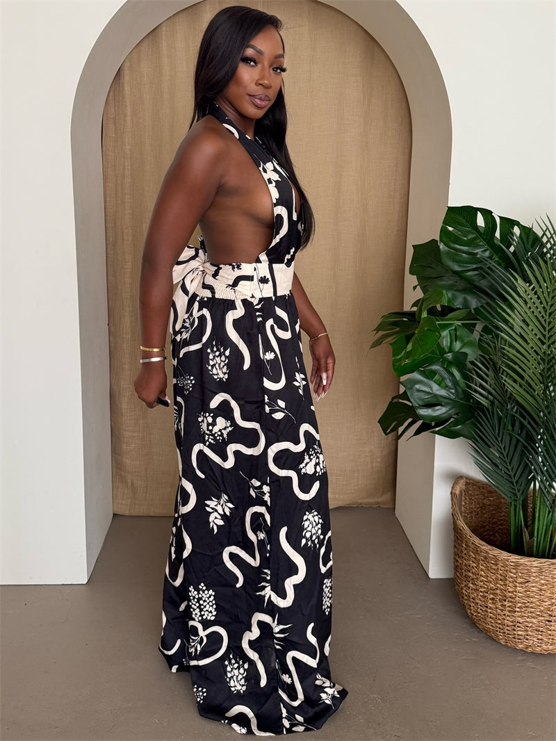 Backless Halter Jumpsuit in Monochrome Print