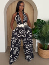 Backless Halter Jumpsuit in Monochrome Print