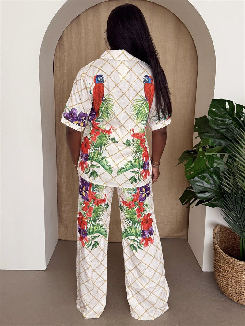 Parrot Garden Print Shirt & Pant Set – White