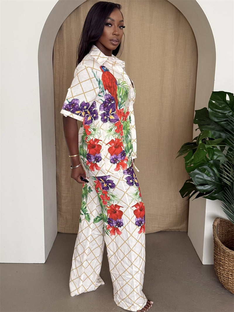 Parrot Garden Print Shirt & Pant Set – White