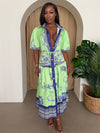 Lime Mediterranean Print Button-Up Midi Dress