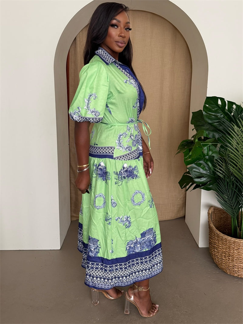 Lime Mediterranean Print Button-Up Midi Dress