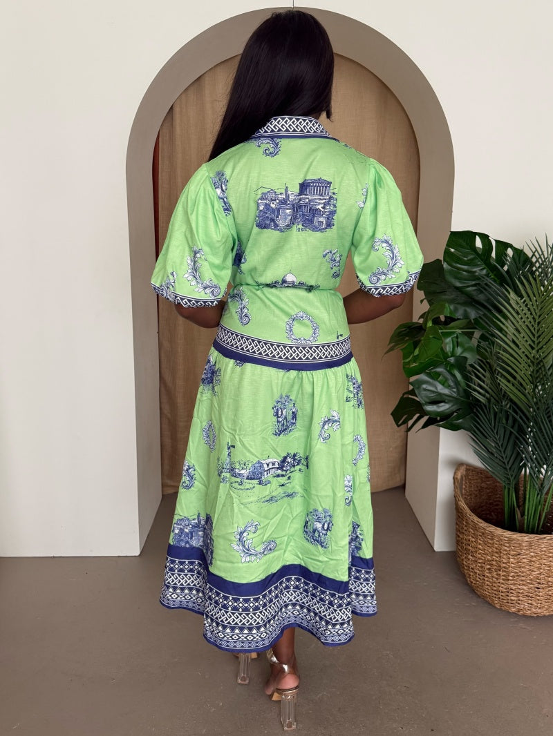 Lime Mediterranean Print Button-Up Midi Dress