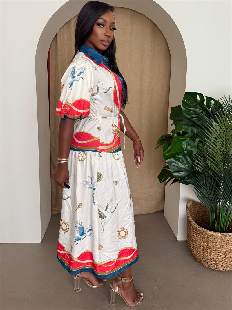 Crane & Jewel Print Midi Dress – Red Trim