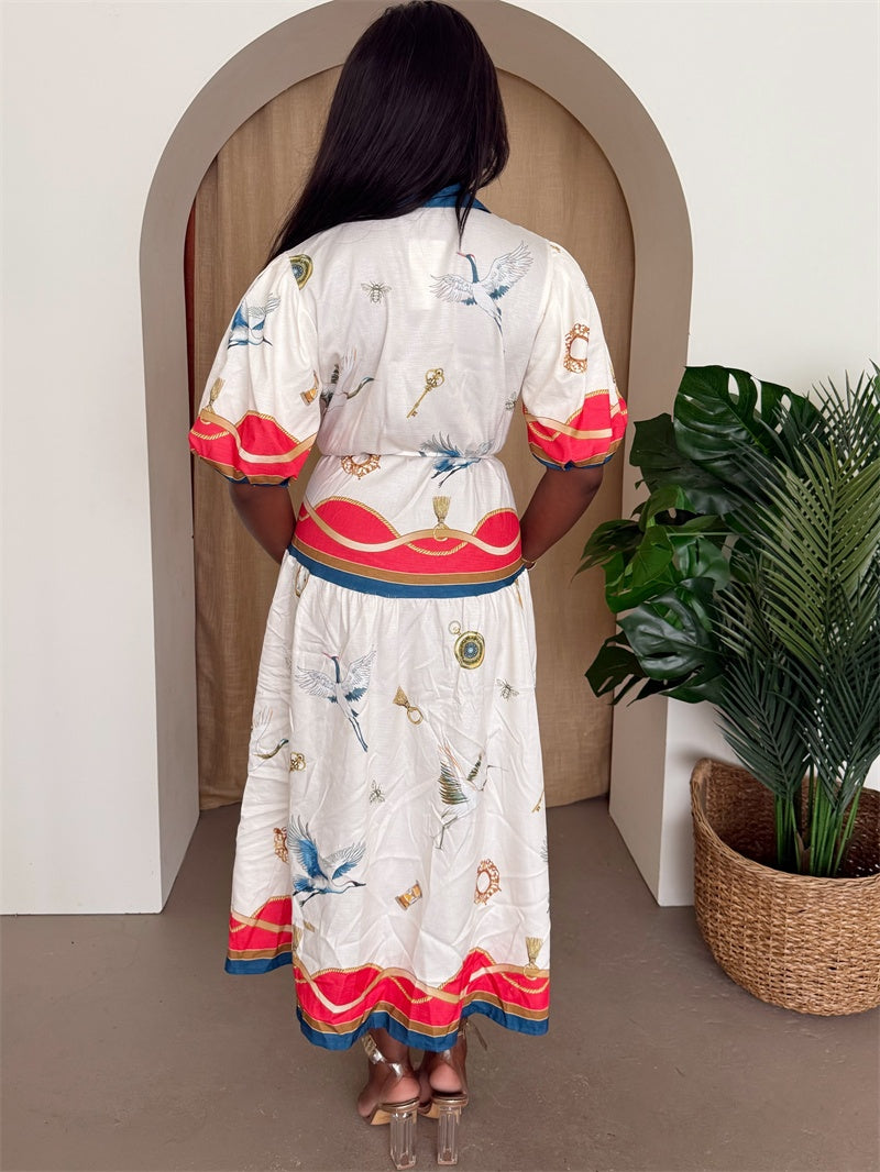 Crane & Jewel Print Midi Dress – Red Trim
