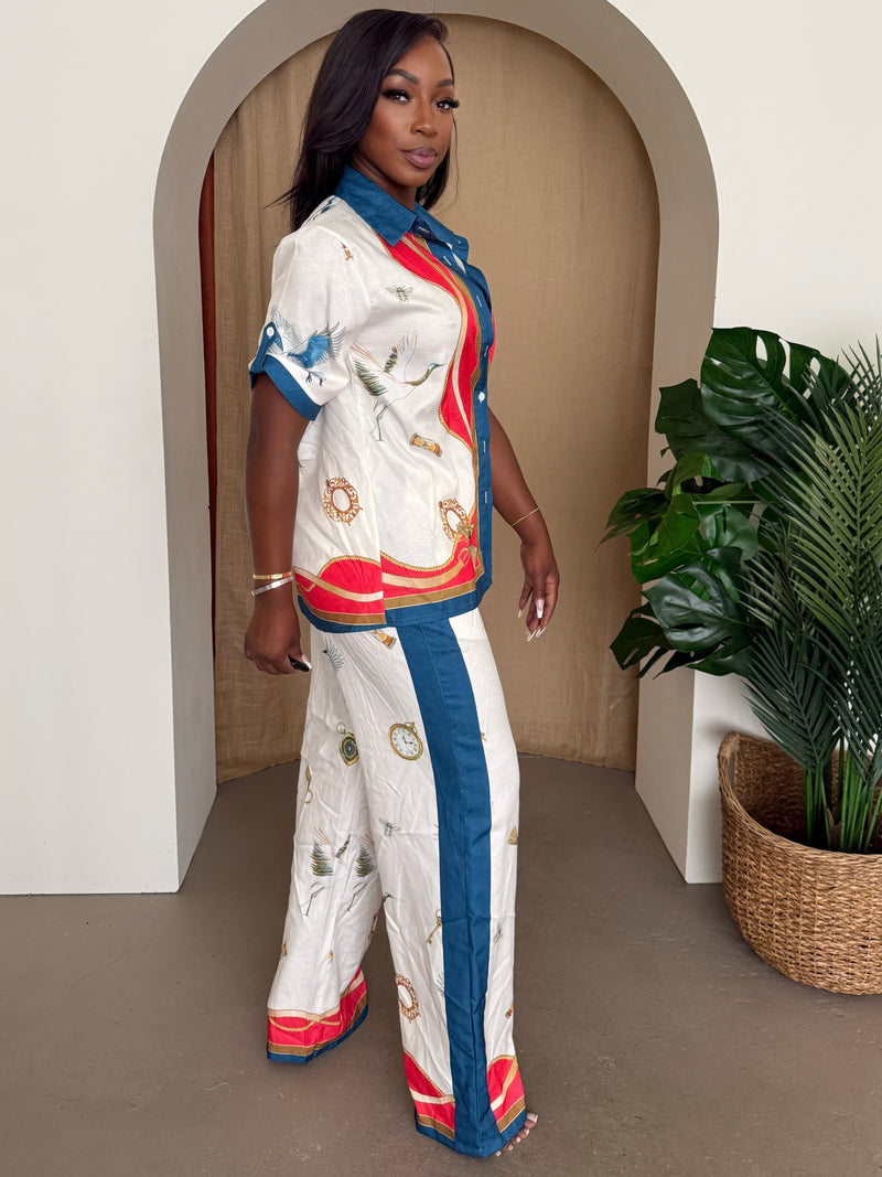 White Crane & Jewel Print Shirt and Pant Set