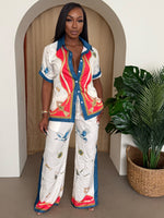 White Crane & Jewel Print Shirt and Pant Set