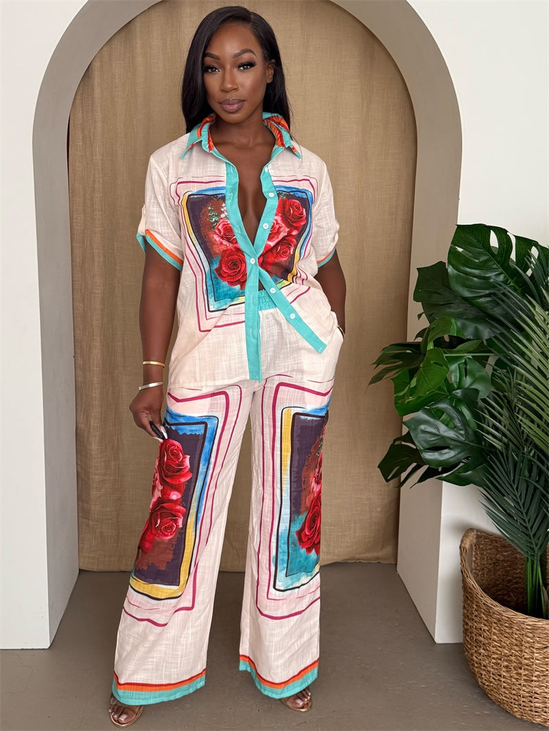 Tropical Rose Print Shirt & Pant Set