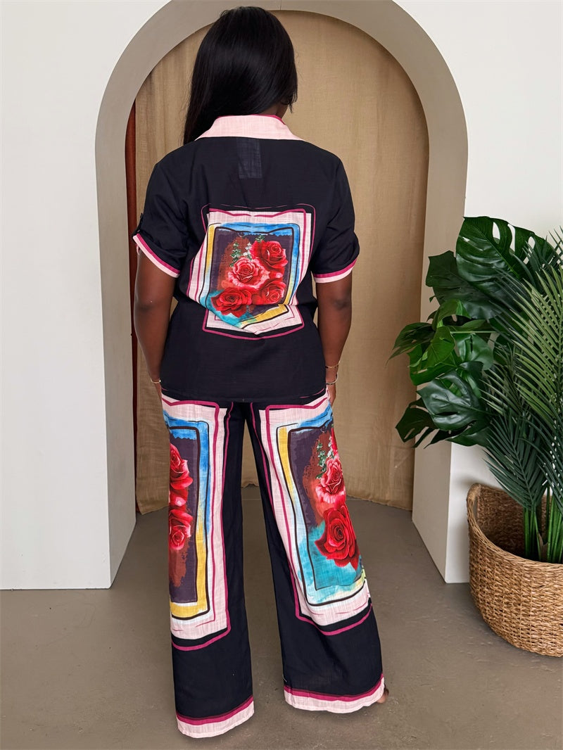 Black Rose Frame Print Shirt & Pant Set