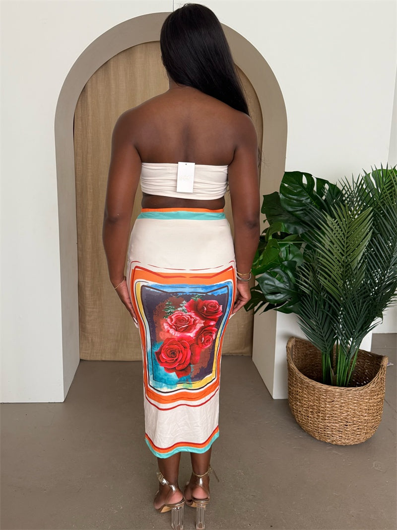 Tropical Rose Tube Top & Midi Skirt Set