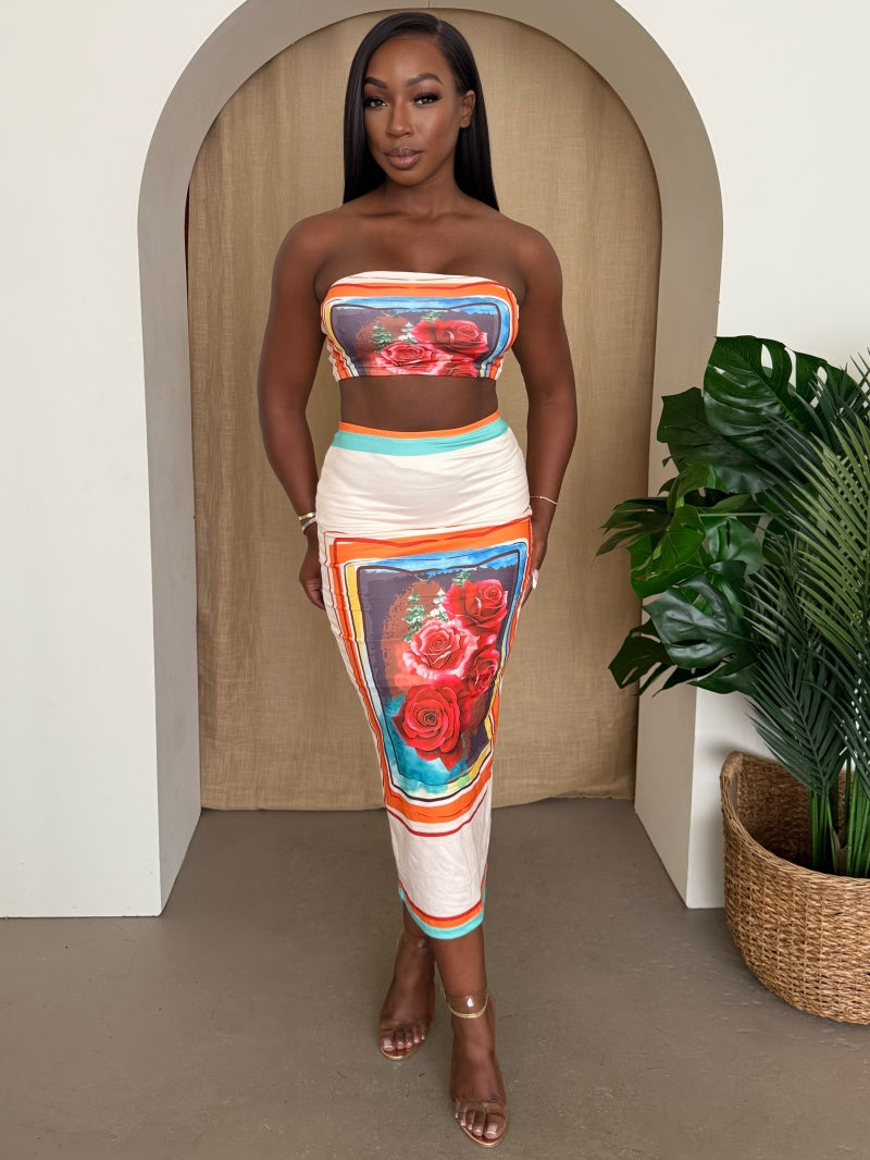 Tropical Rose Tube Top & Midi Skirt Set