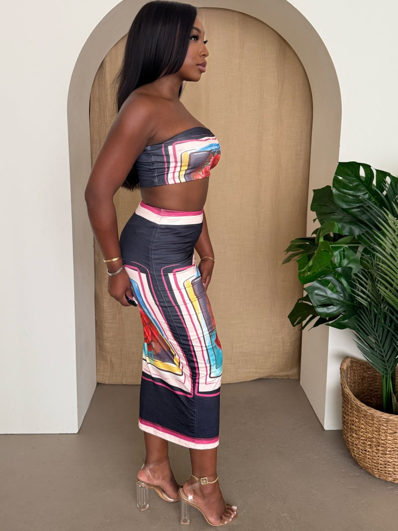 Black Rose Tube Top & Midi Skirt Set