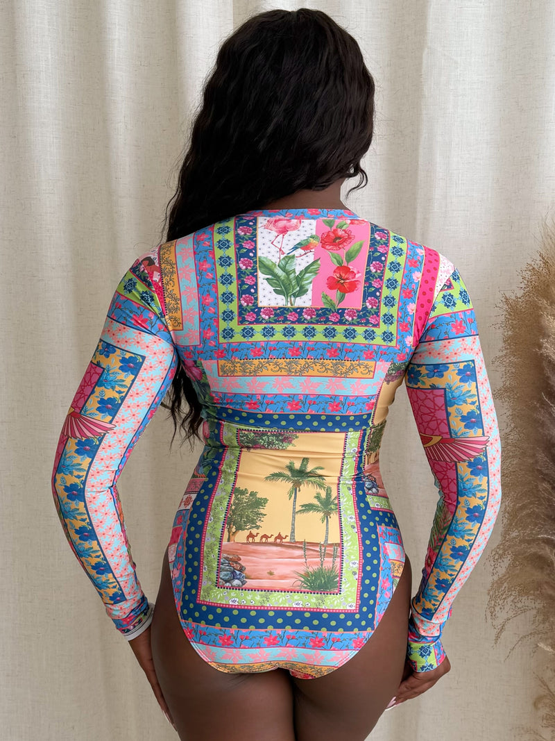Bohemian Geometric Long Sleeve Resort Wear Swimwear One Piece