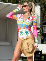 Tropical Colorful Long-Sleeved Resort Wear Swimwear One Piece