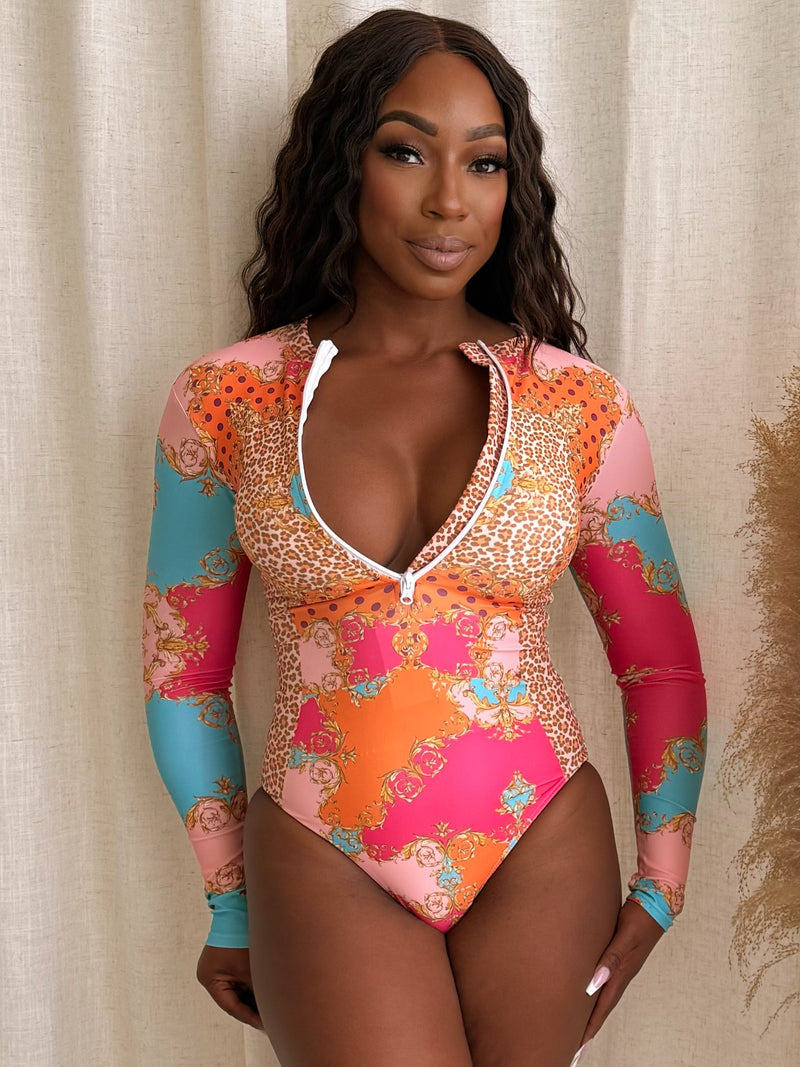 Playful Bold Leopard Print Long Sleeve Resort Wear Swimwear One Piece
