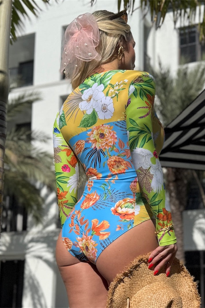 Vibrant Colorful Floral Long Sleeve Zip-Up One-Piece Swimsuit