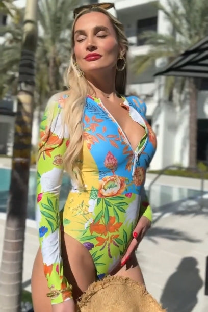 Vibrant Colorful Floral Long Sleeve Zip-Up One-Piece Swimsuit