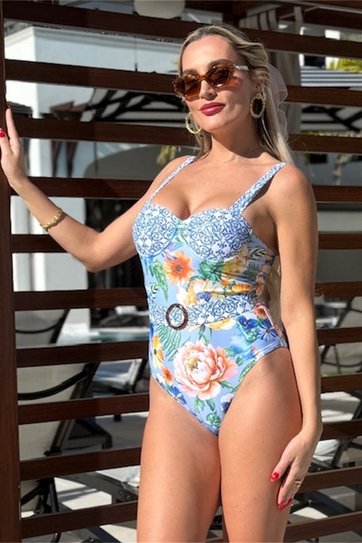 Women’s Vibrant Geometric Floral Pattern One-Piece Rescort Swimsuit