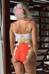 Sophisticated Vibrant Floral Print Orange Belted One-Piece Swimsuit