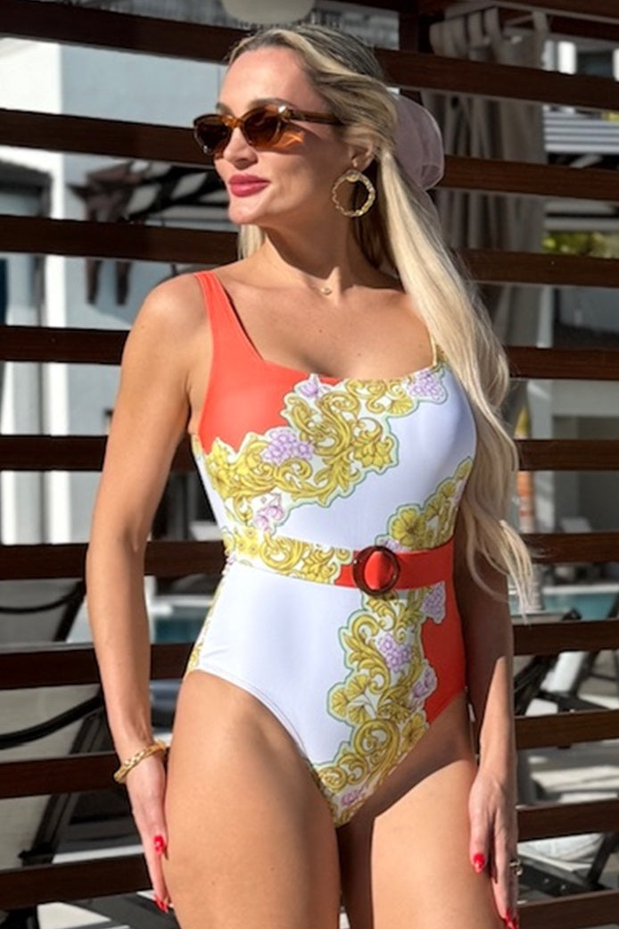 Sophisticated Vibrant Floral Print Orange Belted One-Piece Swimsuit