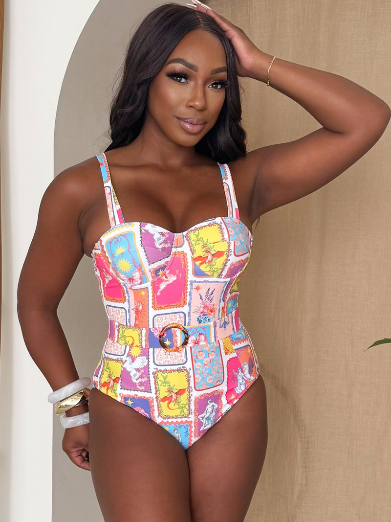 Sunset Postcard Belted Resort Swimsuit