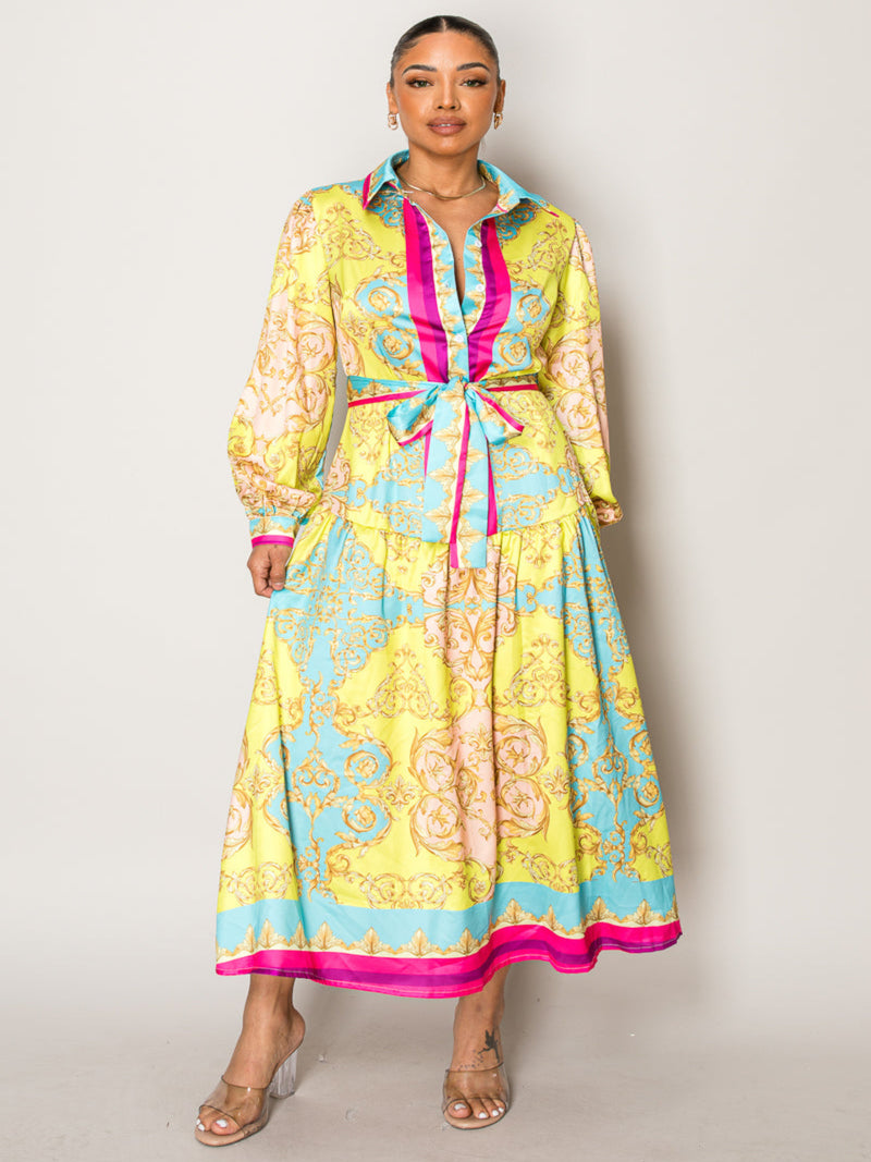 Endless Moon resort wear dress with baroque print and waist tie