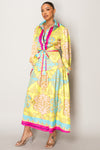 Wholesale maxi dress featuring yellow, blue, and gold ornate design