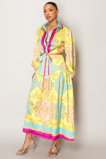 Wholesale maxi dress featuring yellow, blue, and gold ornate design