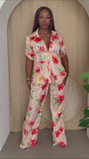 Golden Tropics Peach Floral Chain Print Pants Set