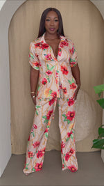 Golden Tropics Peach Floral Chain Print Pants Set