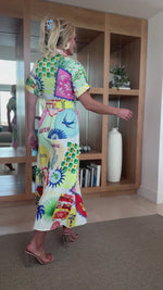 Postcard Print Belted Maxi Dress