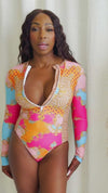 Playful Bold Leopard Print Long Sleeve Resort Wear Swimwear One Piece