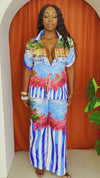 Coastal View Print Stripe Pant And Shirt Resort Wear Set