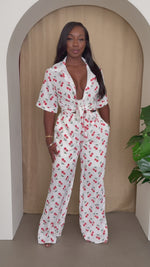 White Playful Red Cherry Print Set