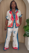 White Crane & Jewel Print Shirt and Pant Set