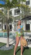 Vibrant Colorful Floral Long Sleeve Zip-Up One-Piece Swimsuit