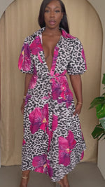 Leopard & Orchid Print Puff Sleeve Dress
