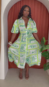 Vintage Voyage Green Stamp Print Midi Dress