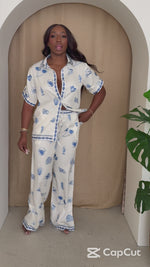 Santorini Sands | Coastal Print Button-Up Shirt & Wide-Leg Pant Set